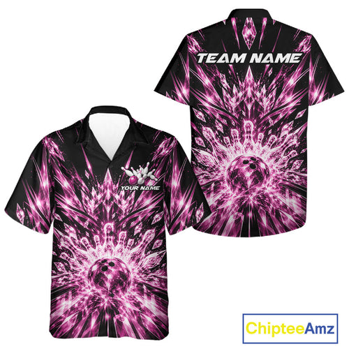 Custom Icy Pink Crystal Ice Bowling League Team Button Up Shirt And, Bowling Jersey