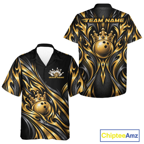 Custom Black And Gold Tribal Crown Bowling And Button Up Shirt, Bowling League Team Shirt
