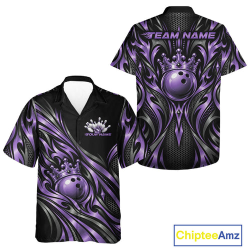 Custom Black And Purple Tribal Crown Bowling And Button Up Shirt, Bowling League Team Shirt