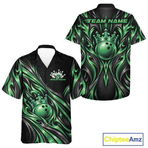 Custom Black And Green Tribal Crown Bowling And Button Up Shirt, Bowling League Team Shirt