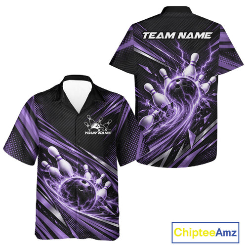 Custom Purple Lightning Bowling Team And Button Up Shirt, Bowling League Bowler Outfit