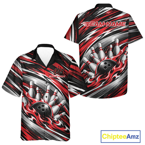 Custom Black And Red Flame Bowling Shirt And, Bowling Team Jersey Button Up Shirt
