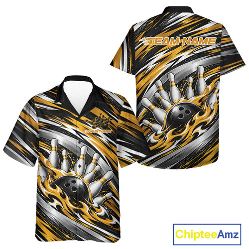 Custom Black And Gold Flame Bowling Shirt And, Bowling Team Jersey Button Up Shirt