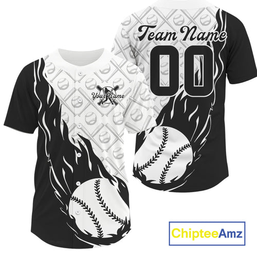 Custom Black And White Flame Team Baseball Jerseys, Baseball Lovers Team Uniform