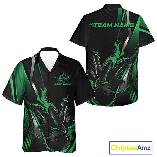 Custom Black And Green Flame Bowling Jersey, Bowling Tournament Team And Button Up Shirt