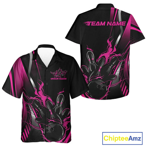 Custom Black And Pink Flame Bowling Jersey, Bowling Tournament Team And Button Up Shirt