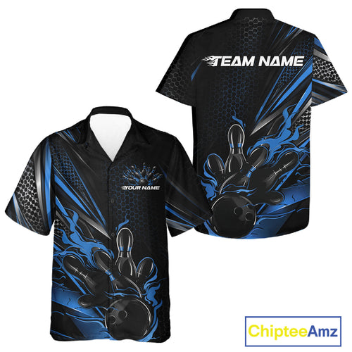 Custom Black And Blue Flame Bowling Team And Button Up Shirt, Bowling League Shirt