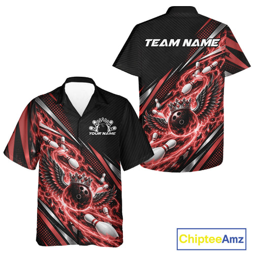 Custom Red Flame Bowling And Button Up Shirt, Crown Bowling Ball With Wings Bowling Jersey