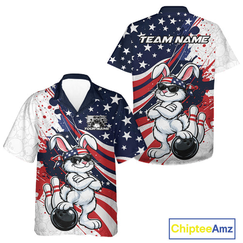 Splatter American Flag Custom Funny Patriotic Rabbit Bowling And Button Up Shirt, Team Uniform
