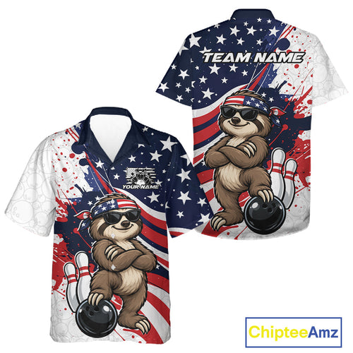 Splatter American Flag Custom Funny Patriotic Sloth Bowling And Button Up Shirt, Team Uniform