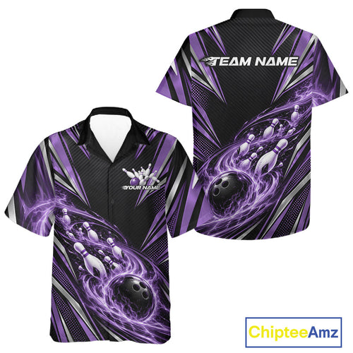Custom Black And Purple Flame Bowling And Button Up Shirt, Bowling Jersey Bowlers Outfit