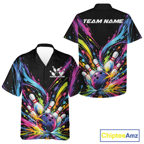 Custom Colorful Splatter And Button Up Bowling Shirt, Bowling League Matching Team Shirt
