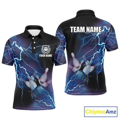 polo bowling shirts Custom blue lightning thunder Bowling Team Jersey, gift for team Bowlers