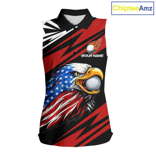 Custom Black and Red Camo American Flag Eagle Sleeveless Golf Polo shirt, patriotic golf tops