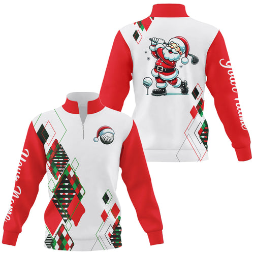 Christmas argyle pattern Santa Playing Golf Quarter zip golf sweatshirt Custom Xmas golf sweater