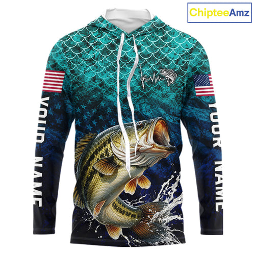 American Flag Bass Fish Long Sleeve Hooded Performance Fishing Shirt Custom Angler Tournament Jersey