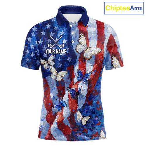 Personalized American Flag Butterfly Golf Polo Shirt – Custom Name Patriotic Team Tournament