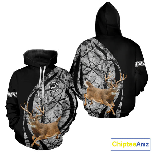 Deer Jumping Hunting 3D Black Gray Camo Custom Name All Over Print Shirt Hunting Shirts