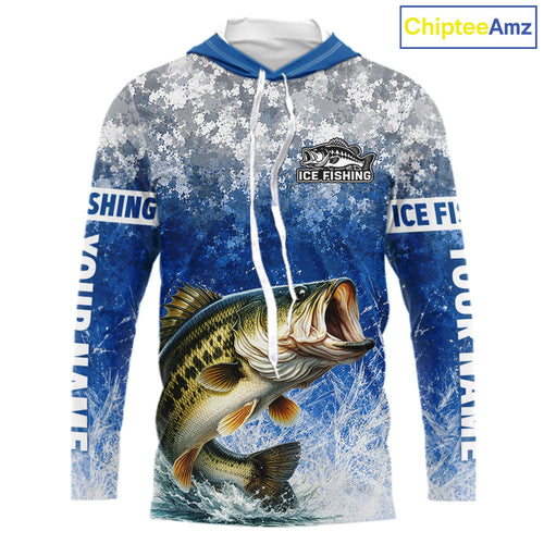 Ice Fishing Shirt With Largemouth Bass & Winter Camo Design, Fishing Shirts Hooded Long Sleeve