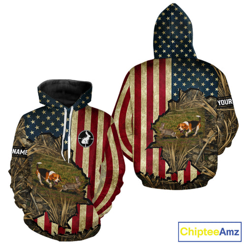 Beagle Dog Chasing Rabbit 3D American Flag Camo Custom Name Shirt, Rabbit Hunting Clothing
