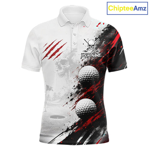 Personalized Skull Golf Shirt Custom Name Family Team Outfits Cool Scratch Splatter Black Golf Polo