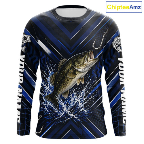 Blue Largemouth Bass Fishing Shirt Long Sleeve, Personalized Fishing Jersey, Custom Team Fishing Apparel