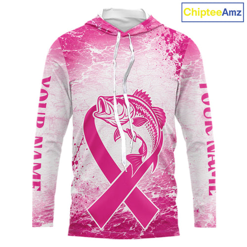 Pink Bass Fishing Shirt Hooded Long Sleeve, Breast Cancer Awareness Fishing Shirt, Bass Fisher Gift