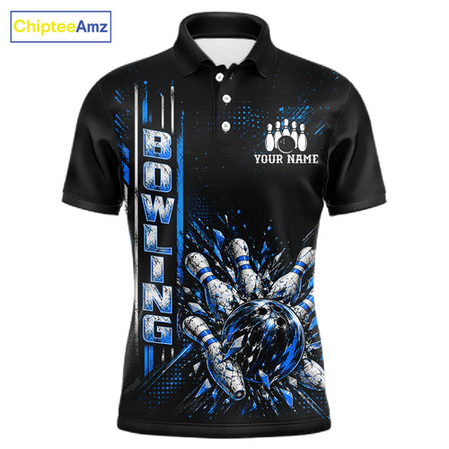 Blue Bowling Strike Ball Pins Polo Shirt Custom Black Team Tournament Jersey