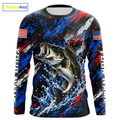 Largemouth Bass Fishing Shirt Custom US Flag Splash Water Long Sleeve Apparel