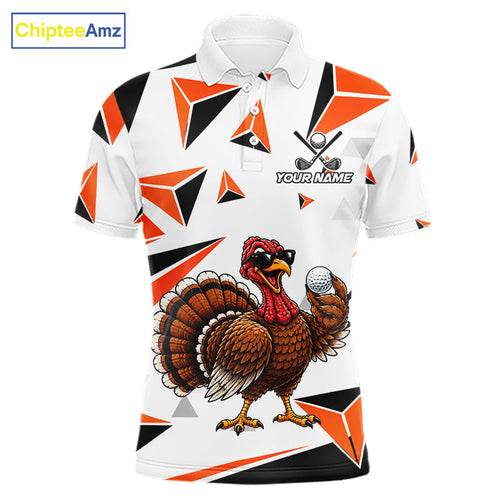 Custom Turkey Orange Black Geometric Golf Polo Shirt, Funny Thanksgiving Golf Team Shirt