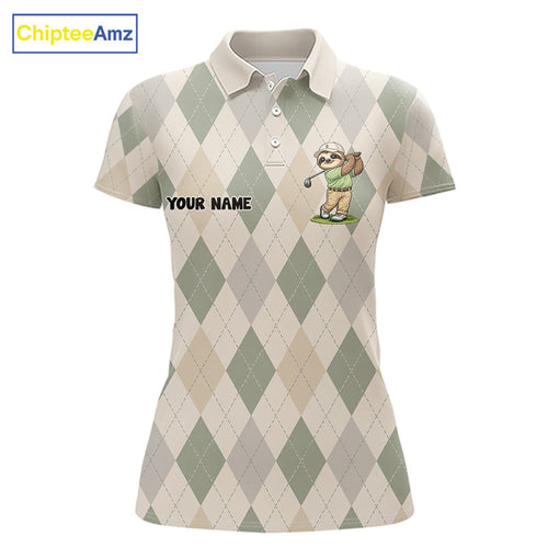 Personalized Sloth Golfer Polo Shirt Funny Golf Argyle Pattern Custom Name Golf Lover Gift