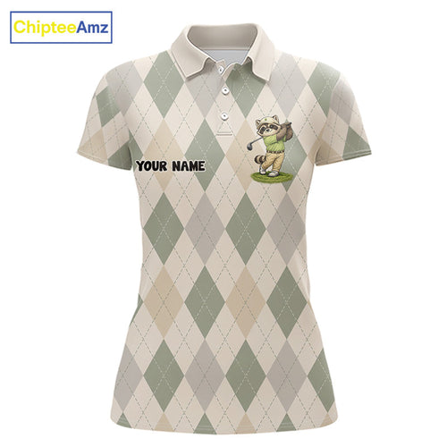 Personalized Raccoon Golfer Polo Shirt Funny Golf Argyle Pattern Custom Name Golf Lover Gift