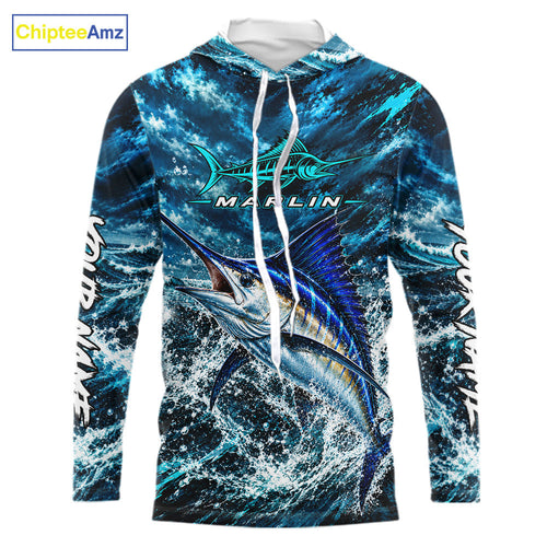 Custom Marlin Fishing Jersey With Name, Marlin Hooded Long Sleeve Tournament Shirt