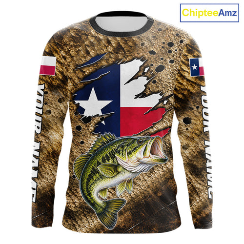 Largemouth Bass Fishing Shirt Custom Texas Flag Brown Scale Pattern Long Sleeve Apparel