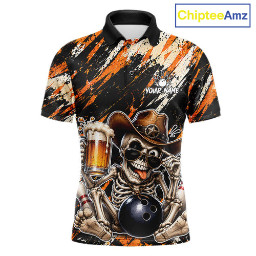 Custom Skeleton Cowboy Bowling Beer Polo Shirt Orange, Funny Bowling Shirt For Bowlers