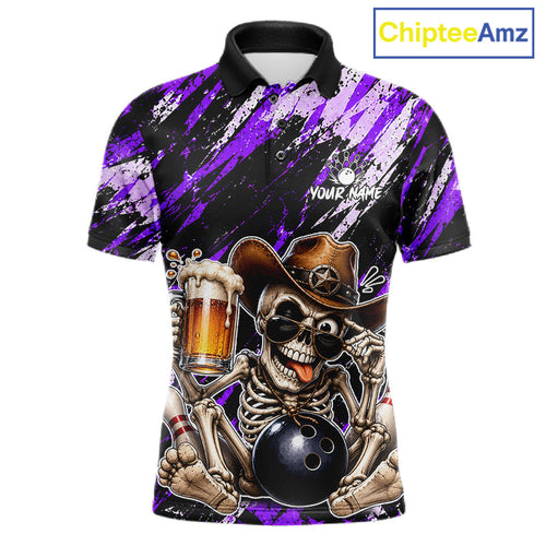 Custom Skeleton Cowboy Bowling Beer Polo Shirt Blue, Funny Bowling Shirt For Bowlers