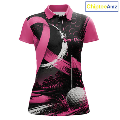 Breast Cancer Golf Polo Shirt Pink Ribbon Custom Name Personalized Golf Gift