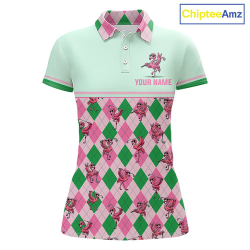 Personalized Pink Argyle Golf Polo Custom Name Flamingo Golf Shirt Mint Green Preppy Team Outfits