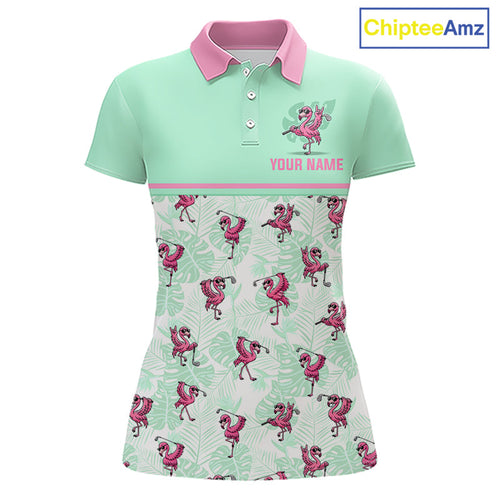 Custom Flamingo Golf Polo Shirt Personalized Name & Team Outfits Mint Green Pink Preppy Golf Shirt