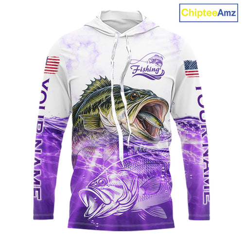 Purple Largemouth Bass Fishing Shirt Custom US Flag Blue Ocean Sports Long Sleeve Hooded Jersey