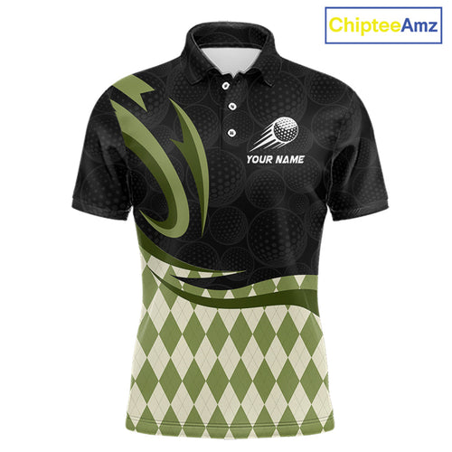 Personalized Golf Polo Shirt Custom Name, Black Green Argyle Golf Team Polo