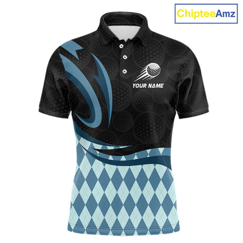 Personalized Golf Polo Shirt Custom Name, Black Blue Argyle Golf Team Polo