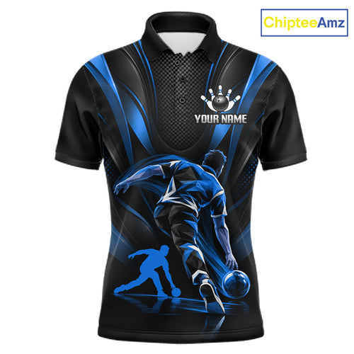 Blue Black Bowling Player Polo Shirt Custom Abstract Sports Team Tournament Jersey
