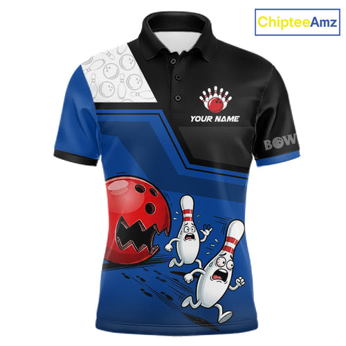 Custom Bowling Team Polo Shirt Blue Funny Pins Ball Design, Personalized Bowling Team Jersey