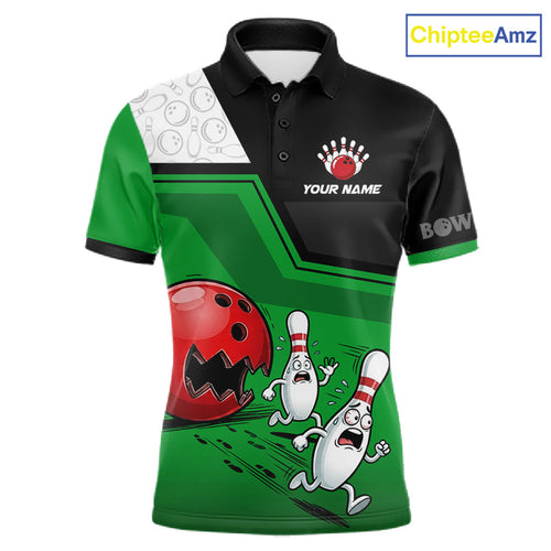 Custom Bowling Team Polo Shirt Green Funny Pins Ball Design, Personalized Bowling Team Jersey