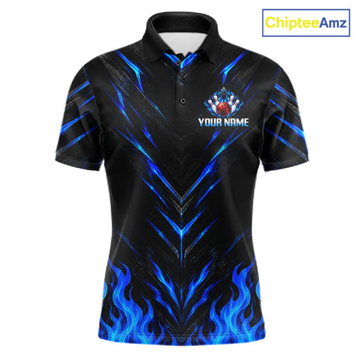 Custom Bowling Polo Shirt, Blue Flame Bowling Shirt, Personalized Name Team Bowling Polo
