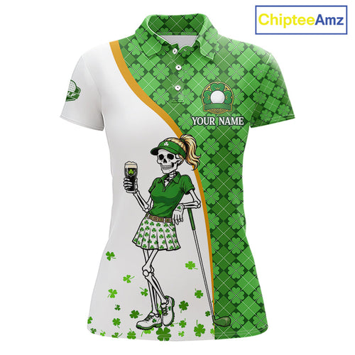 Custom St. Patrick's Day Golf Polo Shirt – Lucky Shamrock Skeleton Golfer Team Uniform
