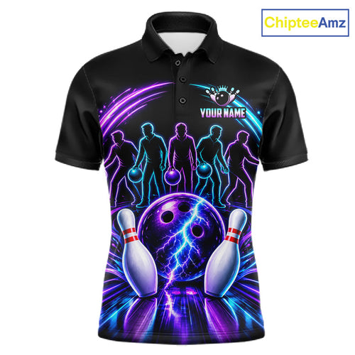 Custom Bowling Jerseys, Personalized Bowling Team Shirts, Neon Lightning Tournament Polo Shirt