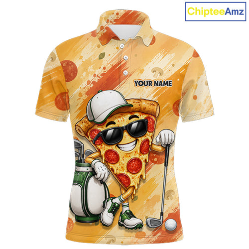 Funny Pizza Golf Polo Shirt Custom Name, Personalized Pizza Golfer Team Polo