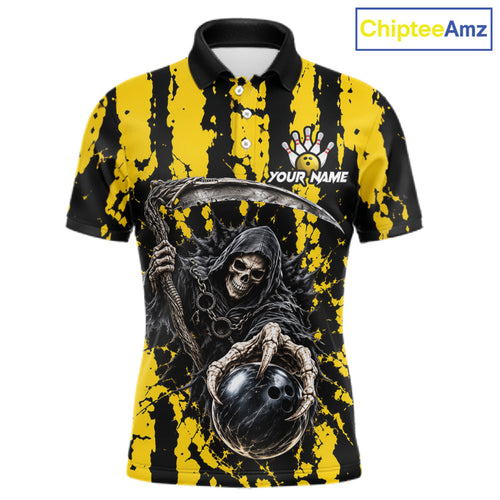 Grim Reaper Bowling Ball Pins Polo Shirt Custom Yellow Black Team Tournament Jersey